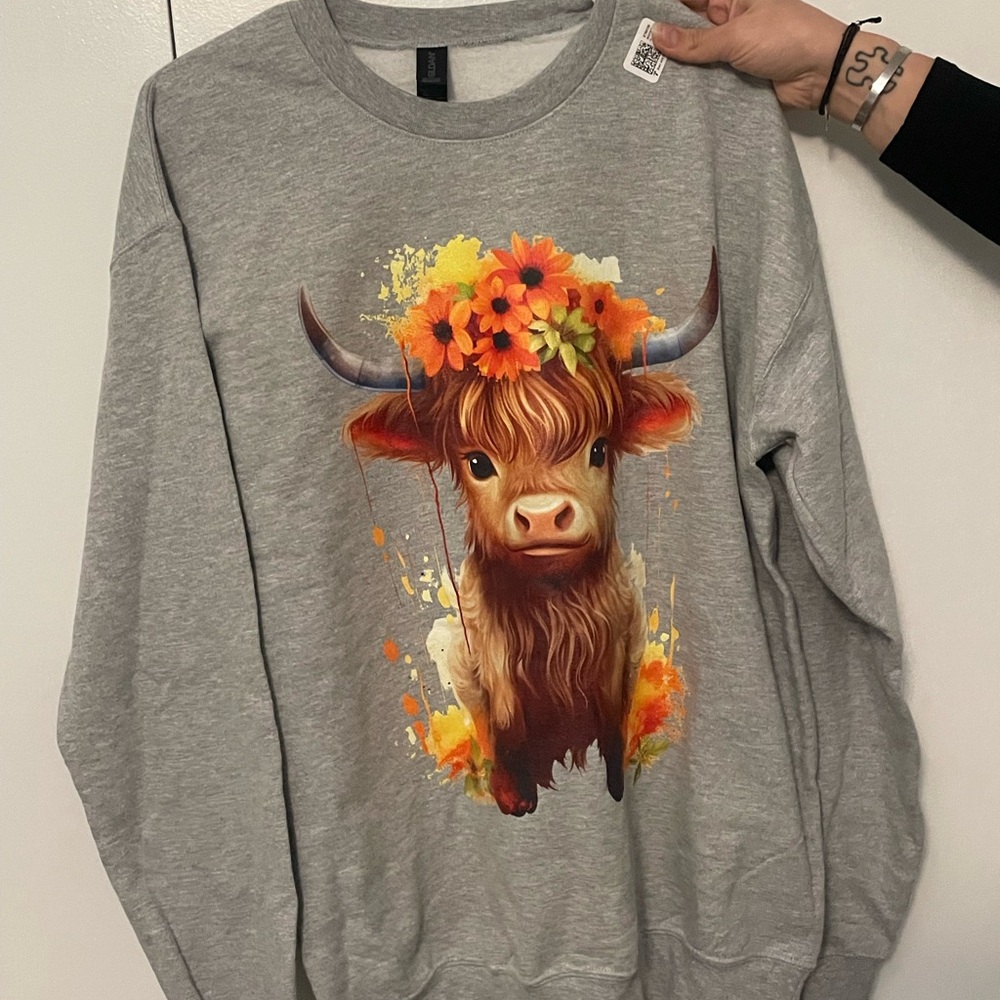 Gray Sweatshirt with Colorful Cow Print